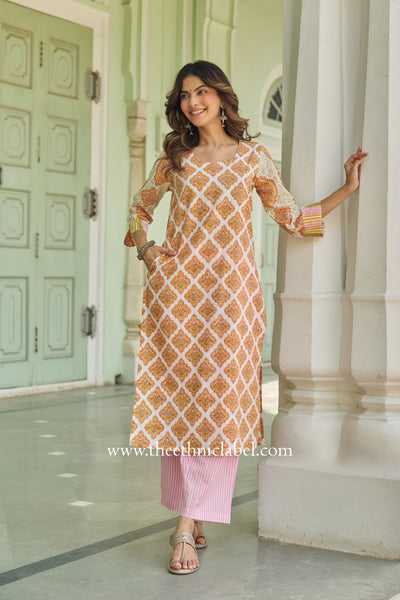 Kesari Hand Block Printed Cream Cotton kurta