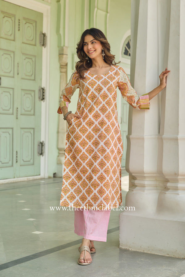 Kesari Hand Block Printed Cream Cotton kurta
