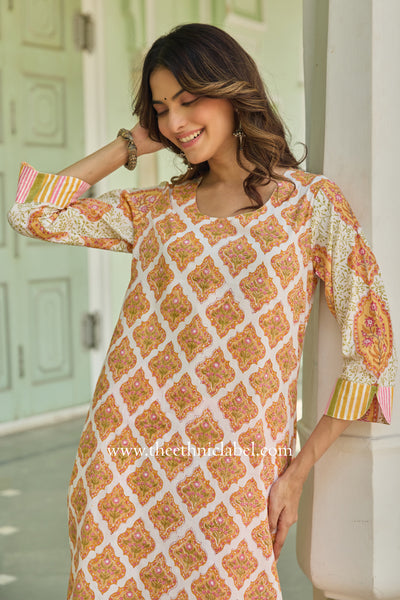 Kesari Hand Block Printed Cream Cotton kurta