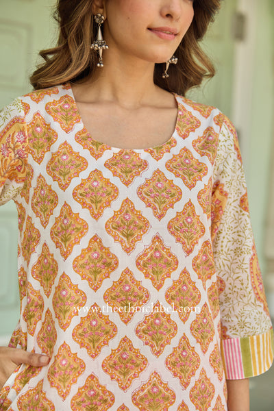 Kesari Hand Block Printed Cream Cotton kurta
