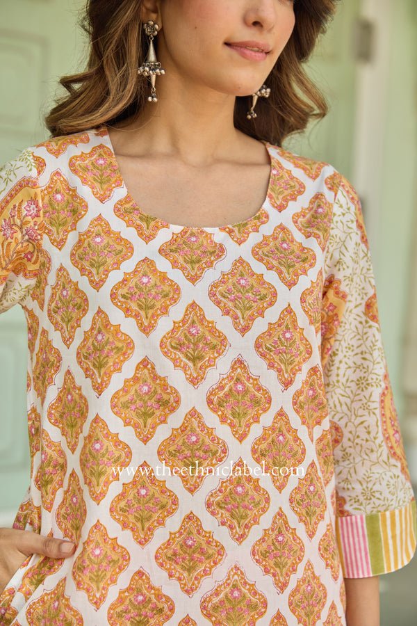 Kesari Hand Block Printed Cream Cotton kurta