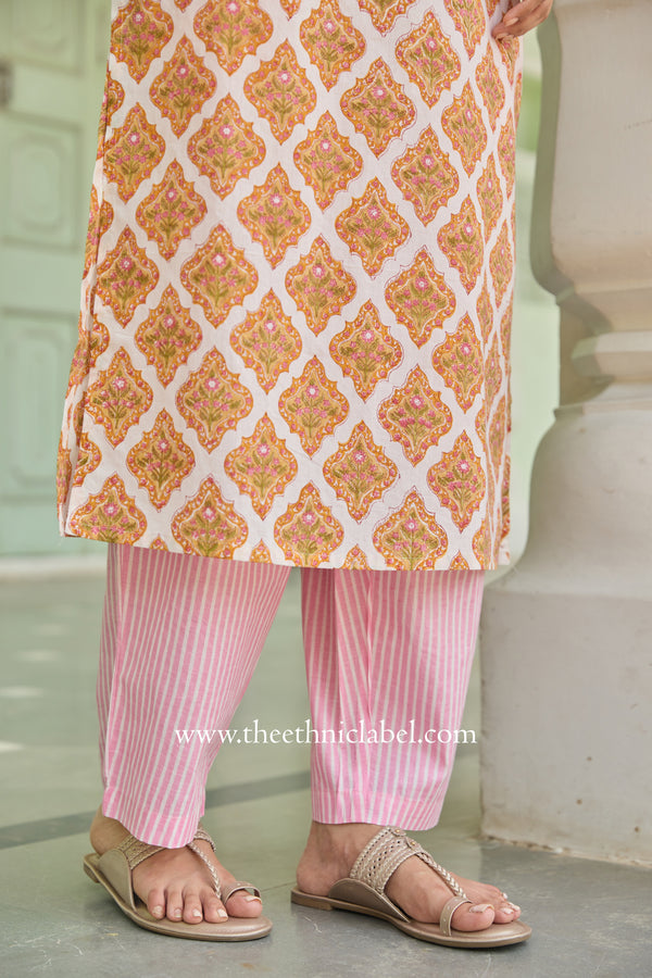 Kesari Hand Block Printed Cream Cotton kurta
