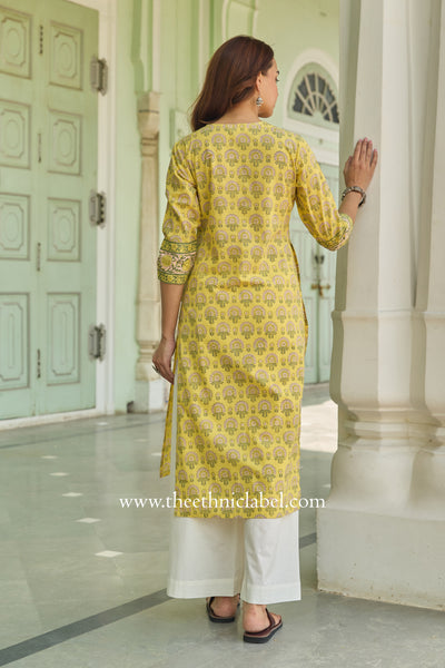 Chinar Hand Block Printed Yellow Cotton kurta