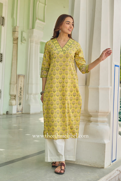 Chinar Hand Block Printed Yellow Cotton kurta