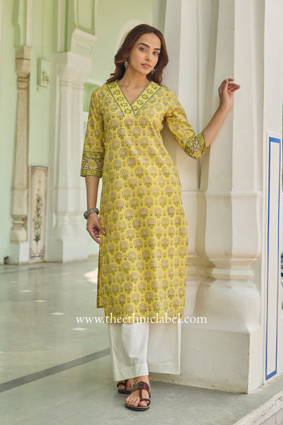 Chinar Hand Block Printed Yellow Cotton kurta