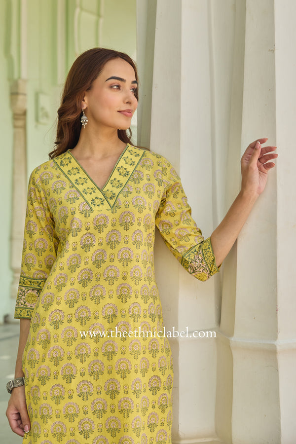 Chinar Hand Block Printed Yellow Cotton kurta