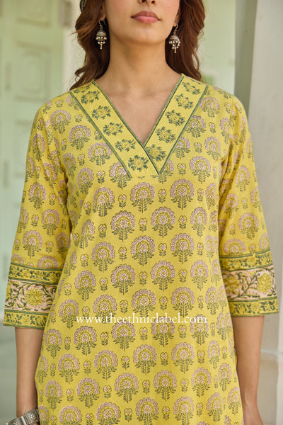 Chinar Hand Block Printed Yellow Cotton kurta