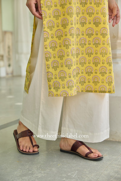 Chinar Hand Block Printed Yellow Cotton kurta