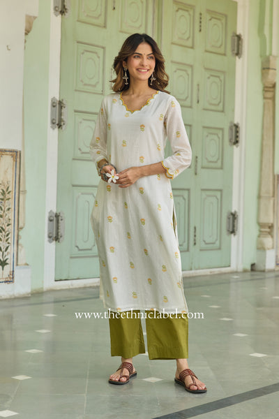 Sufi Scalloped Printed Off-White Cotton kurta