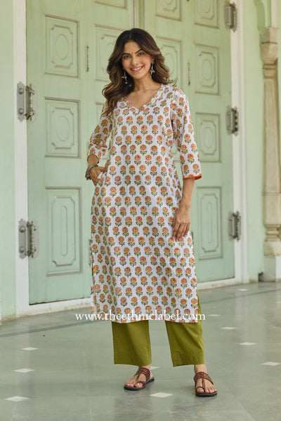 Rajasvi Hand Block Printed White Cotton Kurta