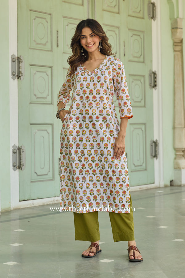 Rajasvi Hand Block Printed White Cotton Kurta