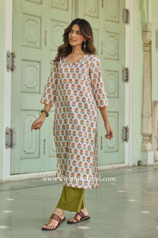 Rajasvi Hand Block Printed White Cotton Kurta