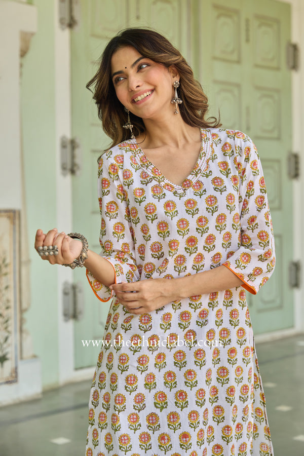 Rajasvi Hand Block Printed White Cotton Kurta