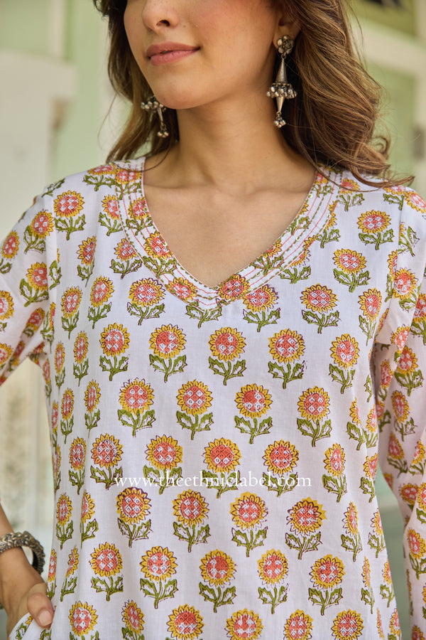 Rajasvi Hand Block Printed White Cotton Kurta