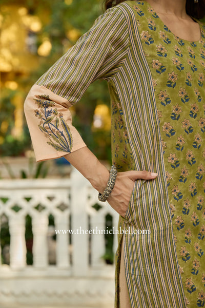 Viraa Hand Block Printed Green Cotton kurta