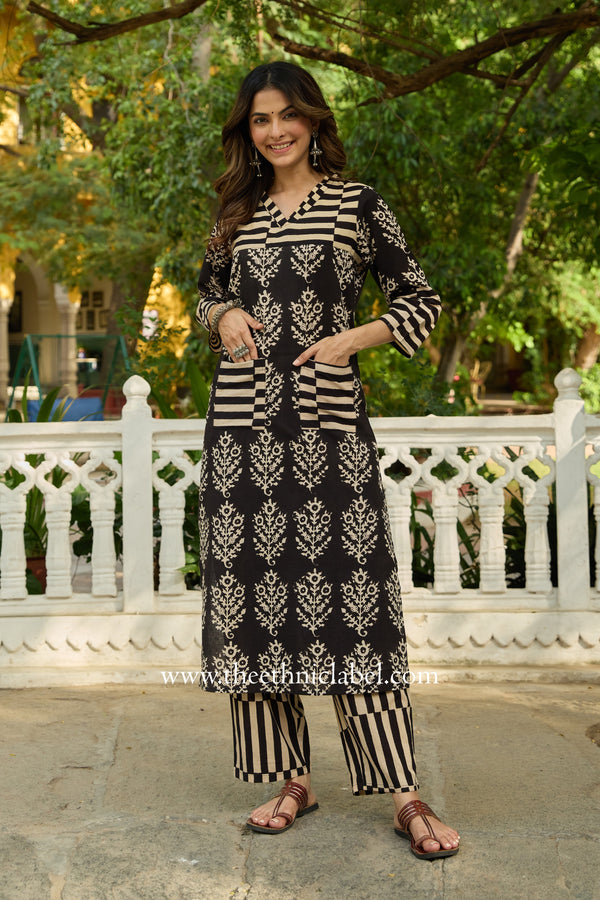 "Antra" Hand Block Printed Black Cotton kurta