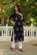 "Rhea" Hand Block Printed Black Cotton kurta