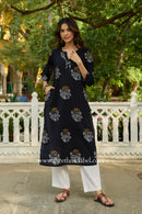 "Rhea" Hand Block Printed Black Cotton kurta