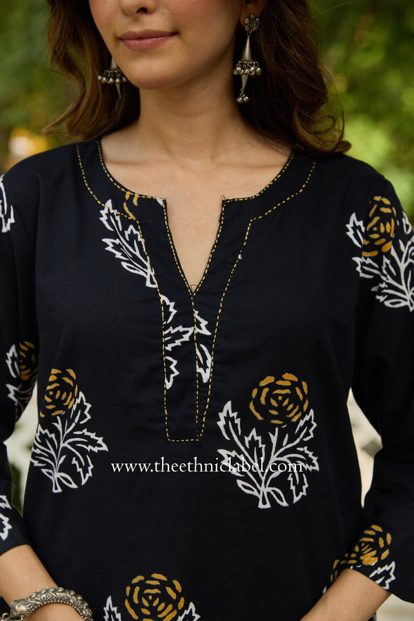 "Rhea" Hand Block Printed Black Cotton kurta