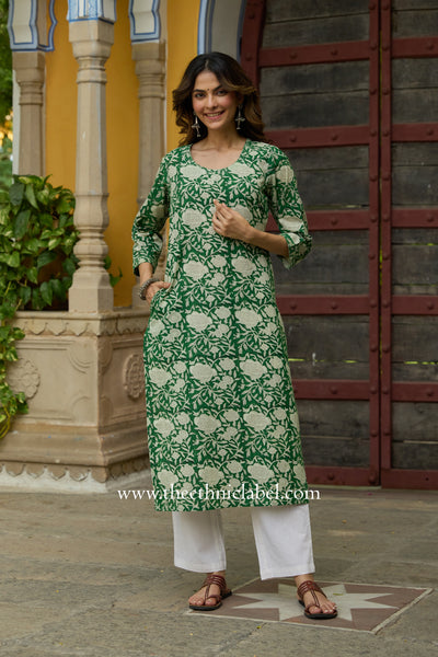 "Panna" Hand Block Printed Bagru Green Cotton kurta