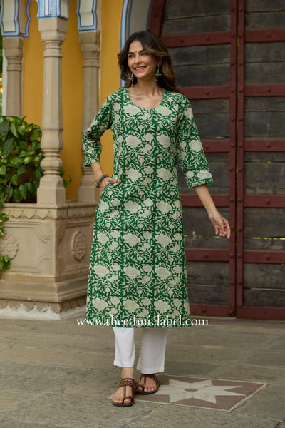 "Panna" Hand Block Printed Bagru Green Cotton kurta