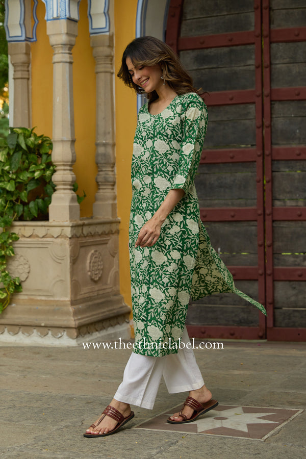 "Panna" Hand Block Printed Bagru Green Cotton kurta