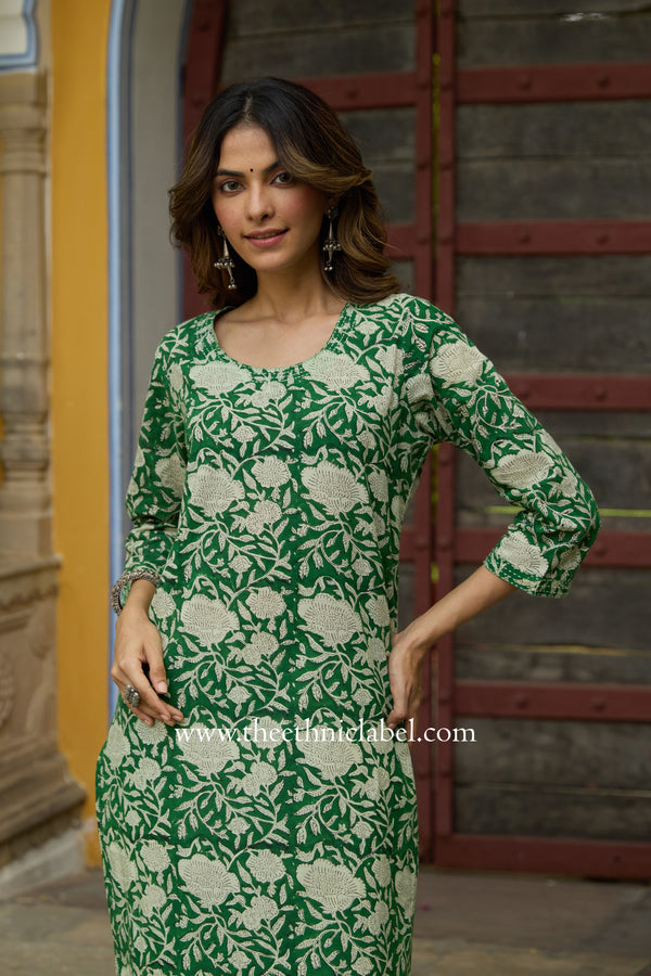 "Panna" Hand Block Printed Bagru Green Cotton kurta