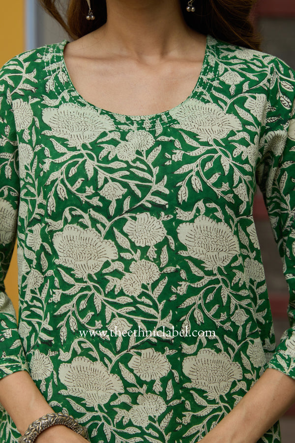 "Panna" Hand Block Printed Bagru Green Cotton kurta