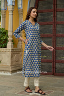 Sugandha Hand Block Printed Blue Cotton kurta