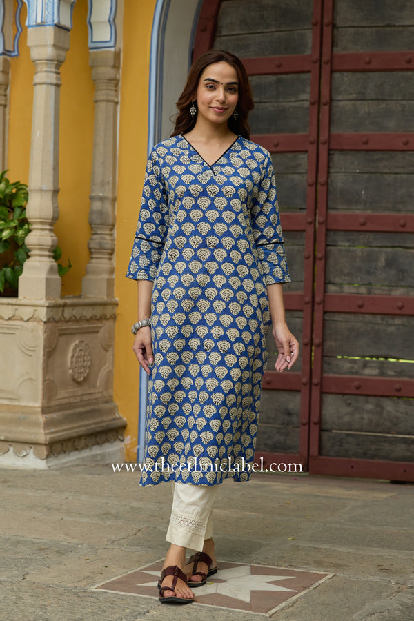 Sugandha Hand Block Printed Blue Cotton kurta