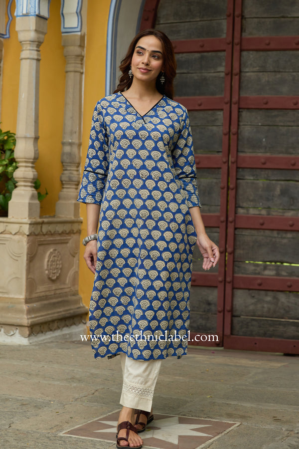Sugandha Hand Block Printed Blue Cotton kurta