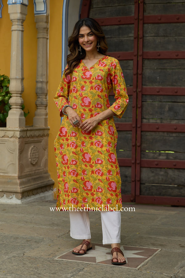 Nirupa Printed Yellow Cotton Kurta