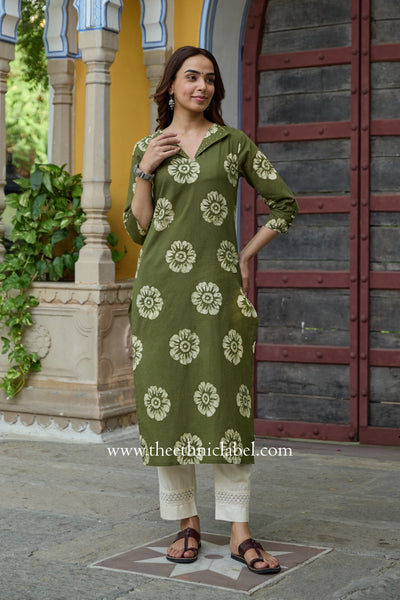 "Reena" Embroidered Green Cotton kurta