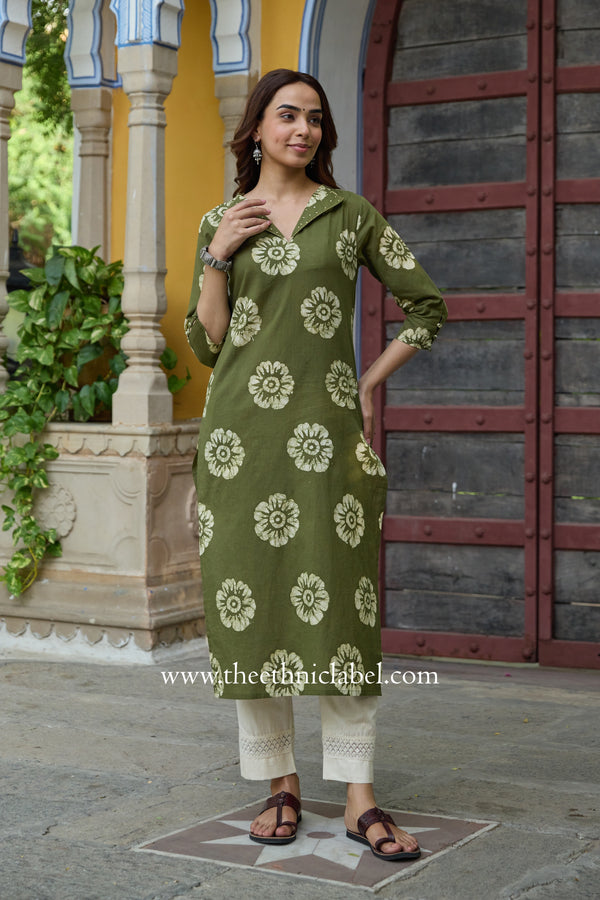 "Reena" Embroidered Green Cotton kurta
