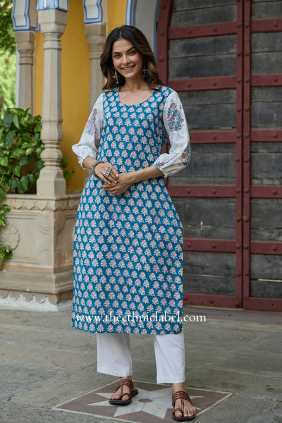 Shaanvi Hand Block Printed Blue Cotton kurta