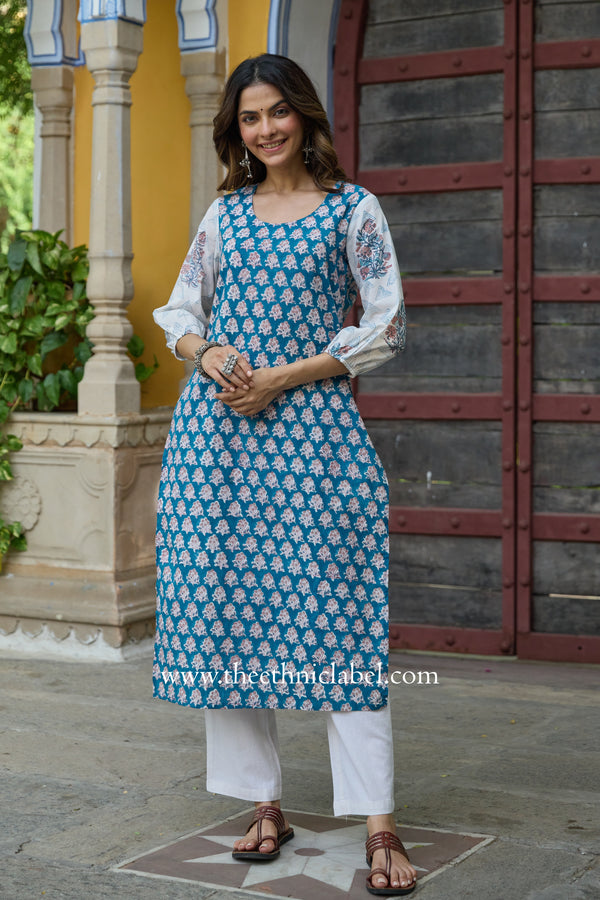 Shaanvi Hand Block Printed Blue Cotton kurta