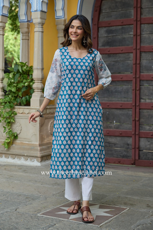 Shaanvi Hand Block Printed Blue Cotton kurta