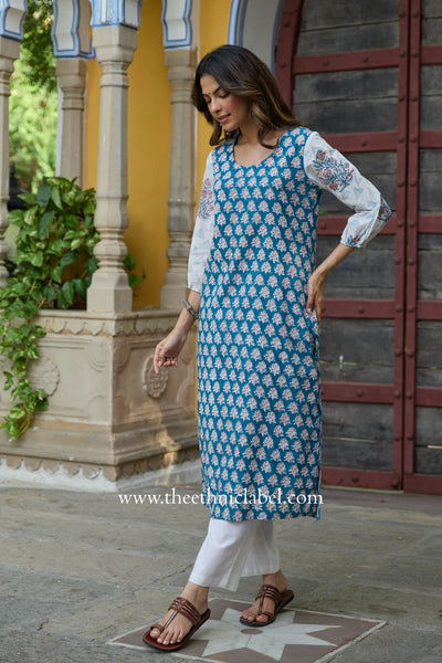 Shaanvi Hand Block Printed Blue Cotton kurta
