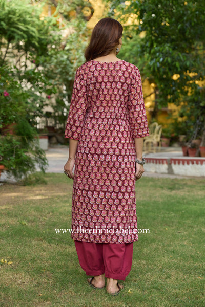 Arjahi Hand Block Printed Maroon Cotton kurta