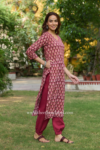 Arjahi Hand Block Printed Maroon Cotton kurta