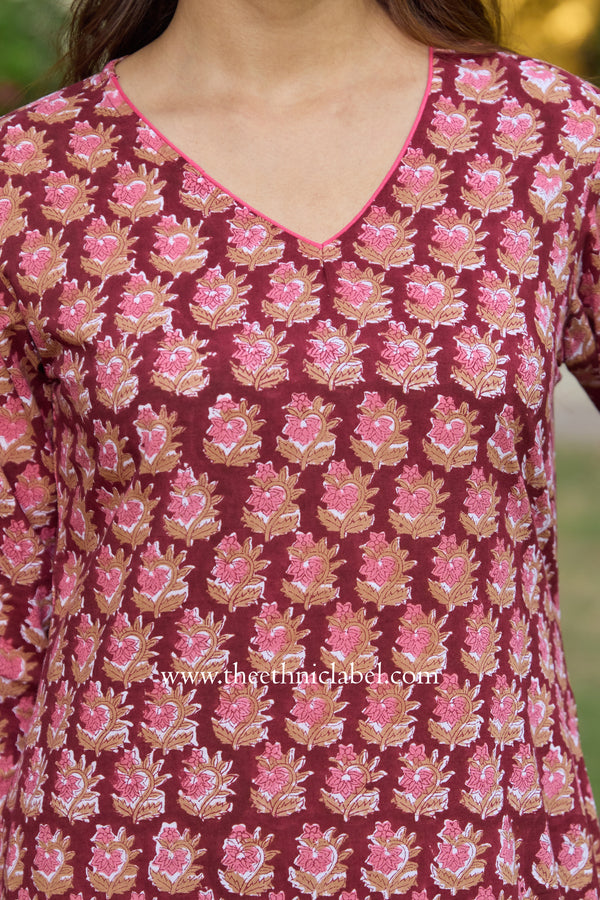 Arjahi Hand Block Printed Maroon Cotton kurta