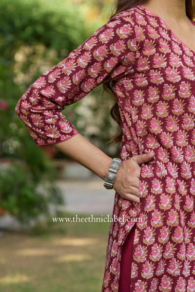 Arjahi Hand Block Printed Maroon Cotton kurta