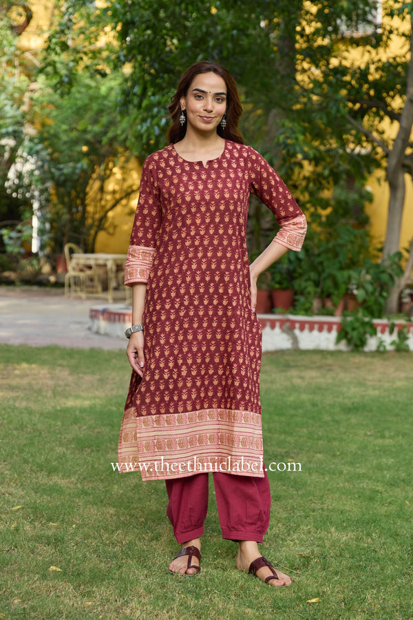 Riva Hand Block Printed Maroon Cotton kurta