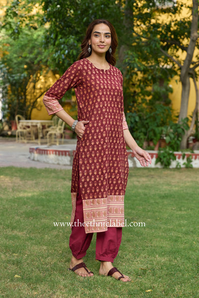 Riva Hand Block Printed Maroon Cotton kurta