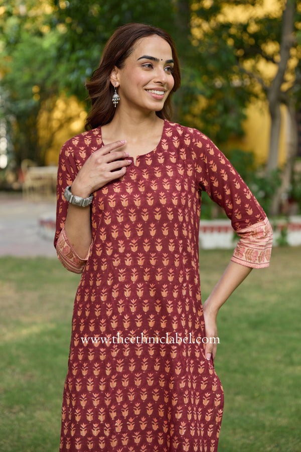 Riva Hand Block Printed Maroon Cotton kurta