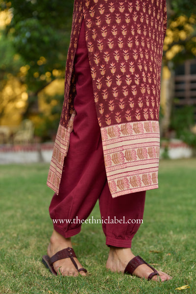 Riva Hand Block Printed Maroon Cotton kurta