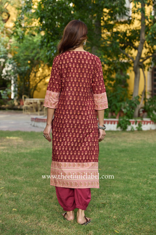 Riva Hand Block Printed Maroon Cotton kurta