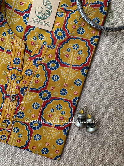 "Gaurangi" Ajrakh Mustard Buttoned Cotton Kurta