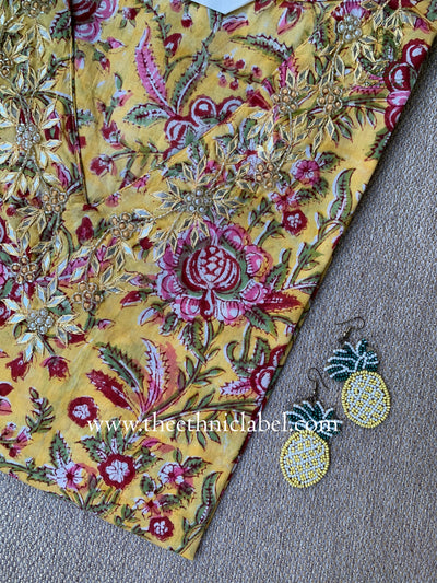 "Nisha" Hand Embroidered Block Printed Cotton kurta
