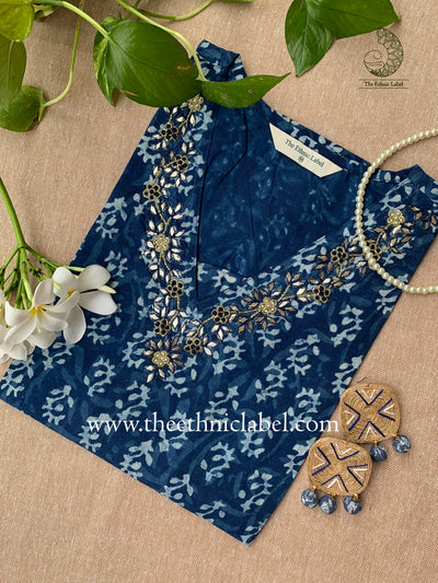 "Ahilya" Hand Embroidered Block Printed Cotton kurta - L